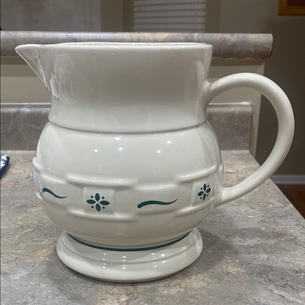 Longaberger Cream and Green Ceramic Pitcher